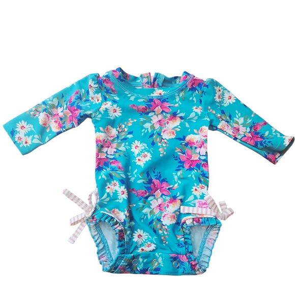 Ruffle Butts Turquoise Pink Hawiian Floral Long Sleeve Bathing Suit 0-3 Months - Picture 1 of 3